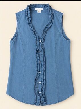 Tweeds Ruffled Linen Sleeveless Button-Down Top - Light Blue